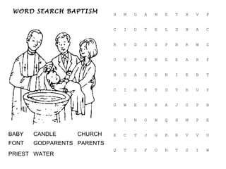 WORD SEARCH BAPTISM W I S T N O F S T Q U V V R B G J T C X E P M H Q W O N I D B P S J A K S E W G Y U R T D T K R I C T B E I N D E A U H F R A E E N E P Y U Z W R B P S S D Y R C A N D L E T O I C P V X T E M A G M H WATER PRIEST PARENTS GODPARENTS FONT CHURCH CANDLE BABY 