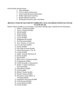 Sosyal Kulüp yönetim kurulu:
             a. Okul müdürüne,
             b. Görevli müdür yardımcısına,
             c. Sosyal kulüp danışman öğretmenine,
             d. Rehber öğretmenler kuruluna,
             e. Kulüp başkanlar kuruluna,
             f. Kulüp genel kuruluna, karşı sorumludur.

BİLİNÇLİ TÜKETİCİ KULÜBÜNÜN İŞBİRLİĞİ YAPACAĞI DİĞER EĞİTİCİ KULÜPLER
                                          VE KURUMLAR:
Bilinçli Tüketici Kulübü şu sosyal kulüp ve kurumlarla işbirliği yapar. (Okulda Kurulu Olanlardan)
           1. Kültür ve Edebiyat Kulübü
           2. Yayın ve İletişim Kulübü
           3. Müzik Kulübü
           4. Resim Kulübü
           5. Folklor Kulübü
           6. Tiyatro Kulübü
           7. Kütüphanecilik Kulübü
           8. Sivil Savunma Kulübü
           9. Gezi, Tanıtma ve Turizm K.
           10. Çevre Koruma Kulübü
           11. Satranç Kulübü
           12. Hayvanları Koruma Kulübü
           13. Sosyal Dayanışma ve Yar. K.
           14. Yeşilay Kulübü
           15. Sağlık, Temizlik, Beslenme K.
           16. Kızılay Kulübü
           17. Spor Kulübü
           18. Bilim–Fen ve Teknoloji Kulübü
           19. Fotoğrafçılık Kulübü
           20. Trafik Güvenliği ve İlkyardım K
           21. Kültür ve Tabiat Varlıklarını
               Koruma Kulübü
           22. Okul Müzesi Kulübü
           23. İzcilik Kulübü
           24. Bilinçli Tüketici Kulübü
           25. Meslek Tanıtma Kulübü
           26. Demokrasi, İnsan Hakları ve
               Yurttaşlık Kulübü
           27. Engellilerle Dayanışma Kulübü
           28. Yeşili Koruma Kulübü
           29. Çocuk Hakları Kulübü
           30. Felsefe Kulübü
 