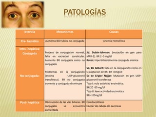 PATOLOGÍAS
Ictericia Mecanismos Causas
Pre- hepática Aumenta Bilirrubina no conjugada Anemia Hemolítica
Intra- hepática:
Conjugada
No conjugada:
Proceso de conjugación normal,
falla en excreción canalicular.
Aumenta BR conjugada como no
conjugada
Problemas en la conjugación
(enzima UDP-glucoronil
transferasa). BR no conjugada
aumenta y conjugada disminuye
Sd. Dubin-Johnson: (mutación en gen para
MPR-2). BR 2 -5 mg/dl
Rotor: Hiperbilirrubinemia conjugada crónica
Sd. De Gilbert: falla en la conjugación como en
la captación de BR. BR <3mg/dl
Sd de Crigler Najjar: Mutación en gen UDP-
glucoronil transferasa
Tipo I: nula actividad enzimática.
BR 20 -50 mg/dl
Tipo II: leve actividad enzimática.
BR < 20mg/dl
Post- hepática Obstrucción de las vías biliares. BR
conjugada se encuentra
aumentada
Colédocolitiasis
Cáncer de cabeza de páncreas
 