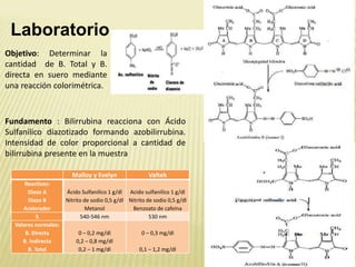 Objetivo: Determinar la
cantidad de B. Total y B.
directa en suero mediante
una reacción colorimétrica.
Fundamento : Bilirrubina reacciona con Ácido
Sulfanilico diazotizado formando azobilirrubina.
Intensidad de color proporcional a cantidad de
bilirrubina presente en la muestra
Malloy y Evelyn Valtek
Reactivos:
Diazo A
Diazo B
Acelerador
Ácido Sulfanilíco 1 g/dl
Nitrito de sodio 0,5 g/dl
Metanol
Acido sulfanilíco 1 g/dl
Nitrito de sodio 0,5 g/dl
Benzoato de cafeína
λ 540-546 nm 530 nm
Valores normales:
B. Directa
B. Indirecta
B. Total
0 – 0,2 mg/dl
0,2 – 0,8 mg/dl
0,2 – 1 mg/dl
0 – 0,3 mg/dl
0,1 – 1,2 mg/dl
Laboratorio
 