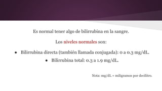 Es normal tener algo de bilirrubina en la sangre.
Los niveles normales son:
● Bilirrubina directa (también llamada conjugada): 0 a 0.3 mg/dL.
● Bilirrubina total: 0.3 a 1.9 mg/dL.
Nota: mg/dL = miligramos por decilitro.
 