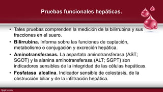 Pruebas funcionales hepáticas.
• Tales pruebas comprenden la medición de la bilirrubina y sus
fracciones en el suero.
• Bilirrubina. Informa sobre las funciones de captación,
metabolismo o conjugación y excreción hepática.
• Aminotransferasas. La aspartato aminotransferasa (AST;
SGOT) y la alanina aminotransferasa (ALT; SGPT) son
indicadores sensibles de la integridad de las células hepáticas.
• Fosfatasa alcalina. Indicador sensible de colestasis, de la
obstrucción biliar y de la infiltración hepática.
 