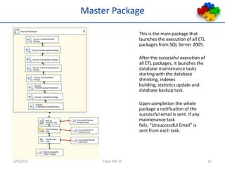 Master PackageThis is the main package that  launches the execution of all ETL packages from SQL Server 2005.After the successful execution of all ETL packages, it launches the database maintenance tasks starting with the database shrinking, indexes building, statistics update and database backup task.Upon completion the whole package a notification of the successful email is sent. If any maintenance task fails, “Unsuccessful Email” is sent from each task.3/9/2010Figen Bilir ©17