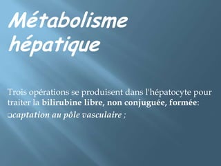 Métabolisme  hépatiqueTrois opérations se produisent dans l'hépatocyte pour traiter la bilirubine libre, non conjuguée, formée:captation au pôle vasculaire ;conjugaison glycuronique, au niveau du reticulum endoplasmique, fixant soit -une molécule de glycuronate (mono-glycuronide de bilirubine)-soit surtout deux molécules (di-glycuronide), par une bilirubine UDP glucuronosyltransférase (BGT). Elle entraîne une solubilité dans l'eau de la bilirubine conjuguée ;