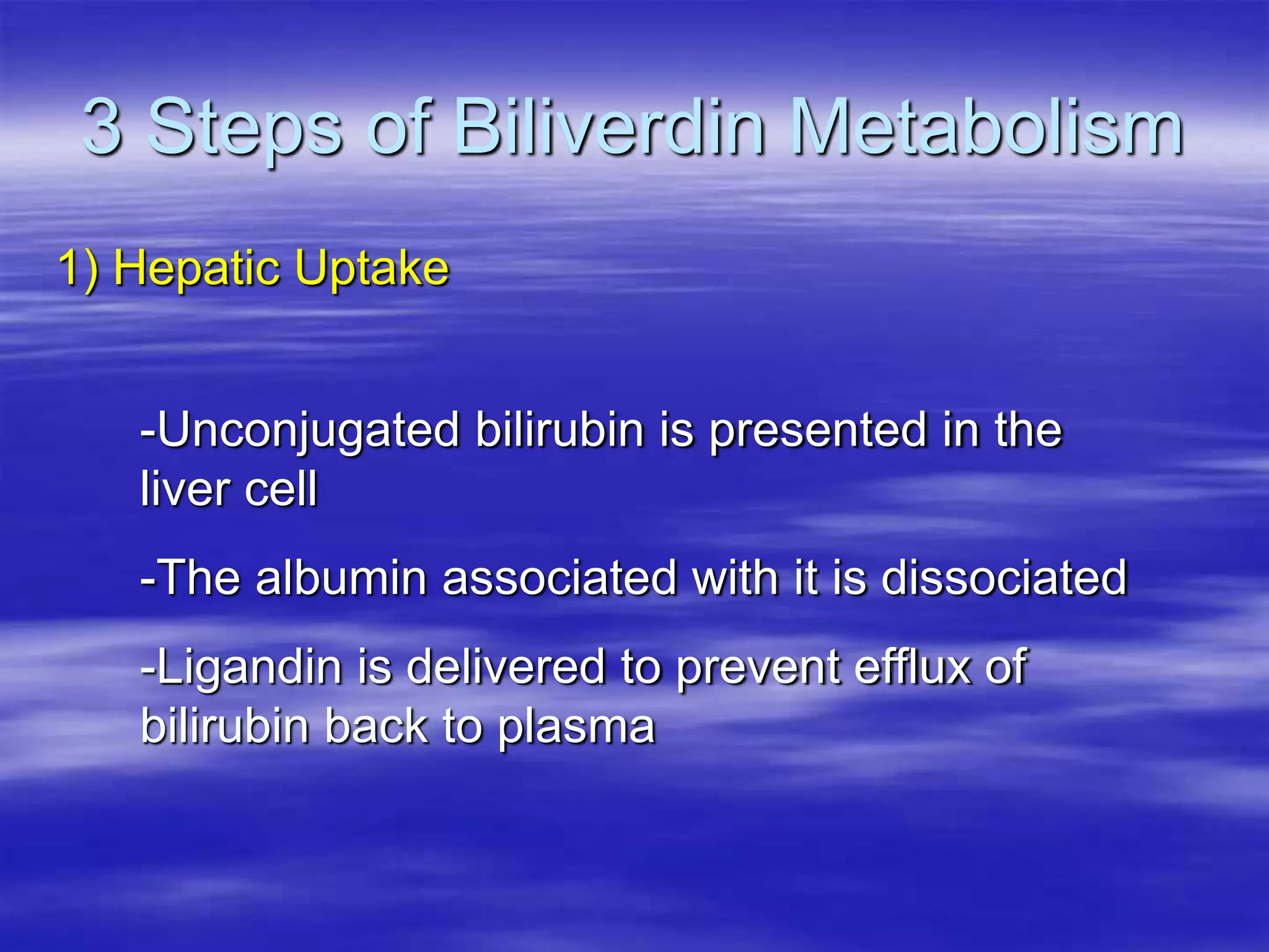 3 Steps of Biliverdin Metabolism
1) Hepatic Uptake
-Unconjugated bilirubin is presented in the
liver cell
-The albumin associated with it is dissociated
-Ligandin is delivered to prevent efflux of
bilirubin back to plasma
 
