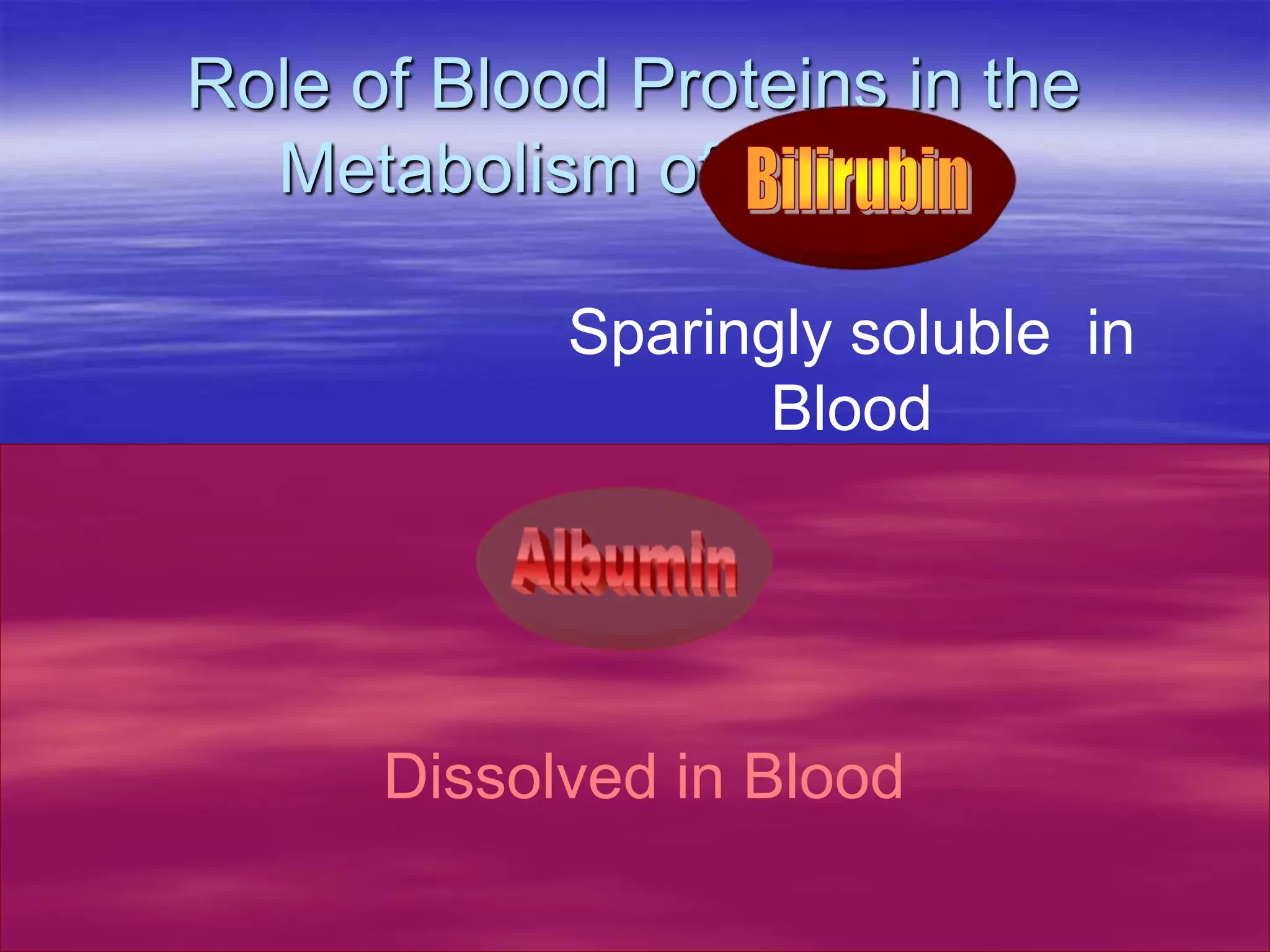 Role of Blood Proteins in the
Metabolism of Bilirubin
1. Albumin
Dissolved in Blood
Sparingly soluble in
Blood
 