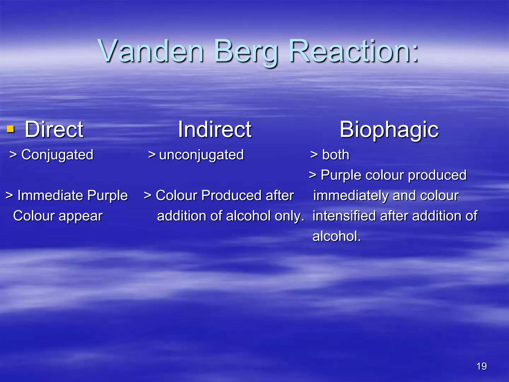 Vanden Berg Reaction:
 Direct Indirect Biophagic
> Conjugated > unconjugated > both
> Purple colour produced
> Immediate Purple > Colour Produced after immediately and colour
Colour appear addition of alcohol only. intensified after addition of
alcohol.
19
 
