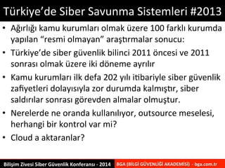 Türkiye’de 
Siber 
Savunma 
Sistemleri 
#2013 
• Ağırlığı 
kamu 
kurumları 
olmak 
üzere 
100 
farklı 
kurumda 
yapılan 
“...