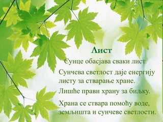 Лист
Храна се ствара помоћу воде,
земљишта и сунчеве светлости.
Лишће прави храну за биљку.
Сунце обасјава сваки лист.
Сунчева светлост даје енергију
листу за стварање хране.
 