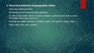 2. Planinsko-kotlinska biogeografska oblast
- Obuhvata središnji dio BiH;
- karakterišu ga raznovrsne šumske zajednice;
- Do 900 m nadmorske visine su bukove, hrastove i grabove šume, dok su iznad
četinarske šume ( jela, smrča, bor );
- Životinje ove oblasti: divokoze, medvjedi, vukovi, srne, jazavci, zečevi, lisice,... ;
- Ptičije vrste: orao, soko, jastrjeb,...;
 