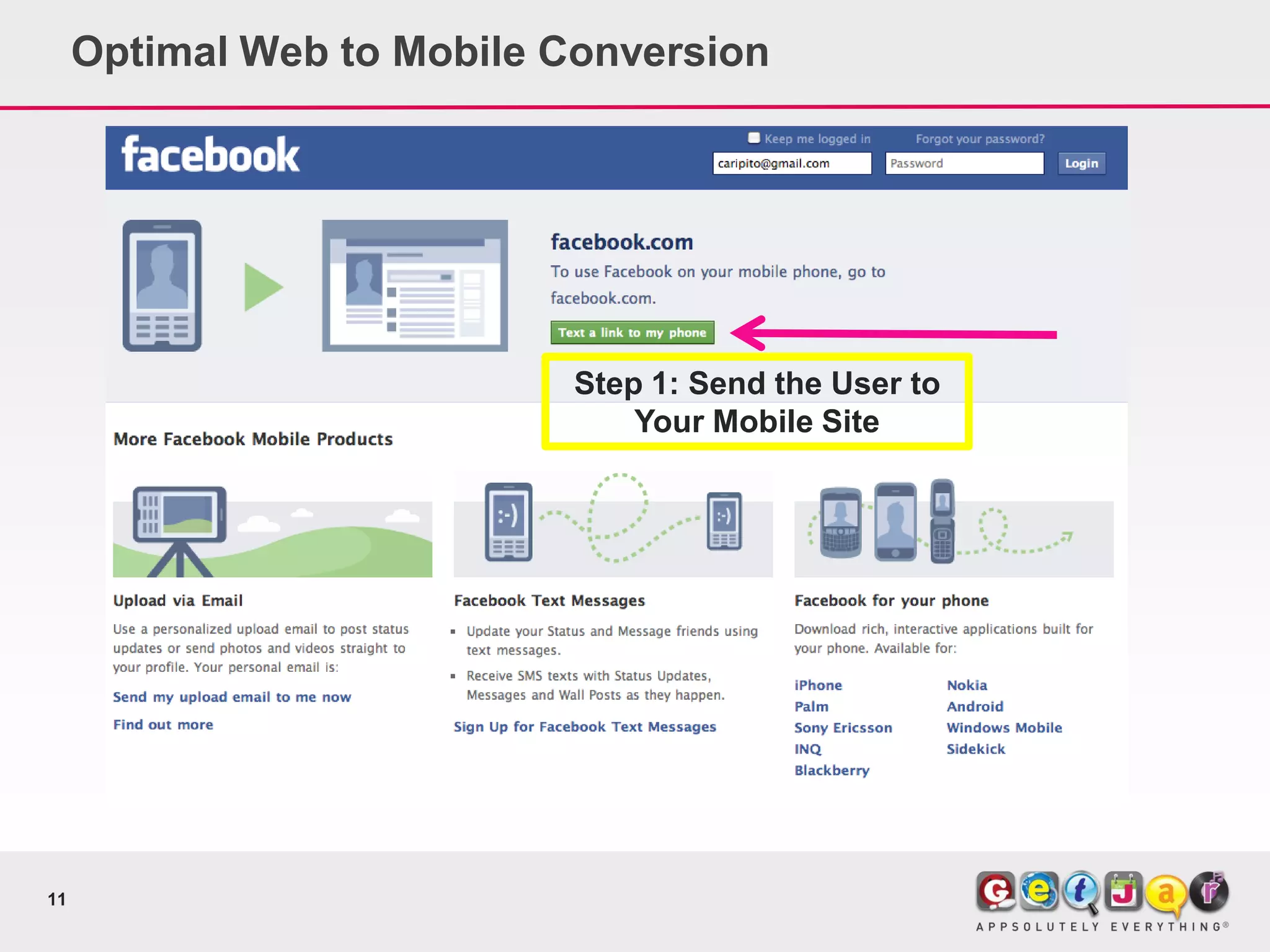 Optimal Web to Mobile Conversion




                            Step 1: Send the User to
                                Your Mobile Site




11
 