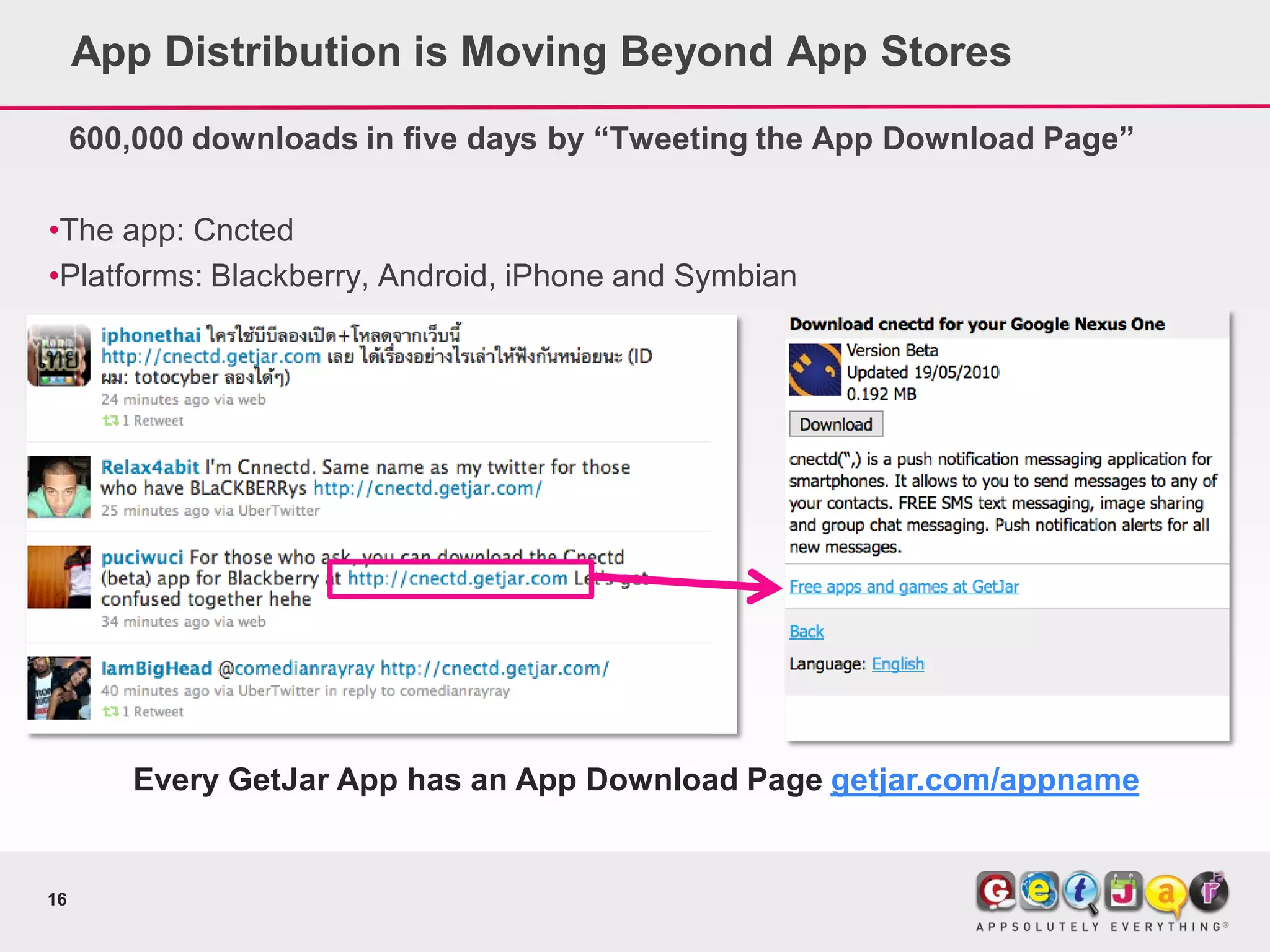 App Distribution is Moving Beyond App Stores
     600,000 downloads in five days by “Tweeting the App Download Page”

•The app: Cncted
•Platforms: Blackberry, Android, iPhone and Symbian




        Every GetJar App has an App Download Page getjar.com/appname


16
 