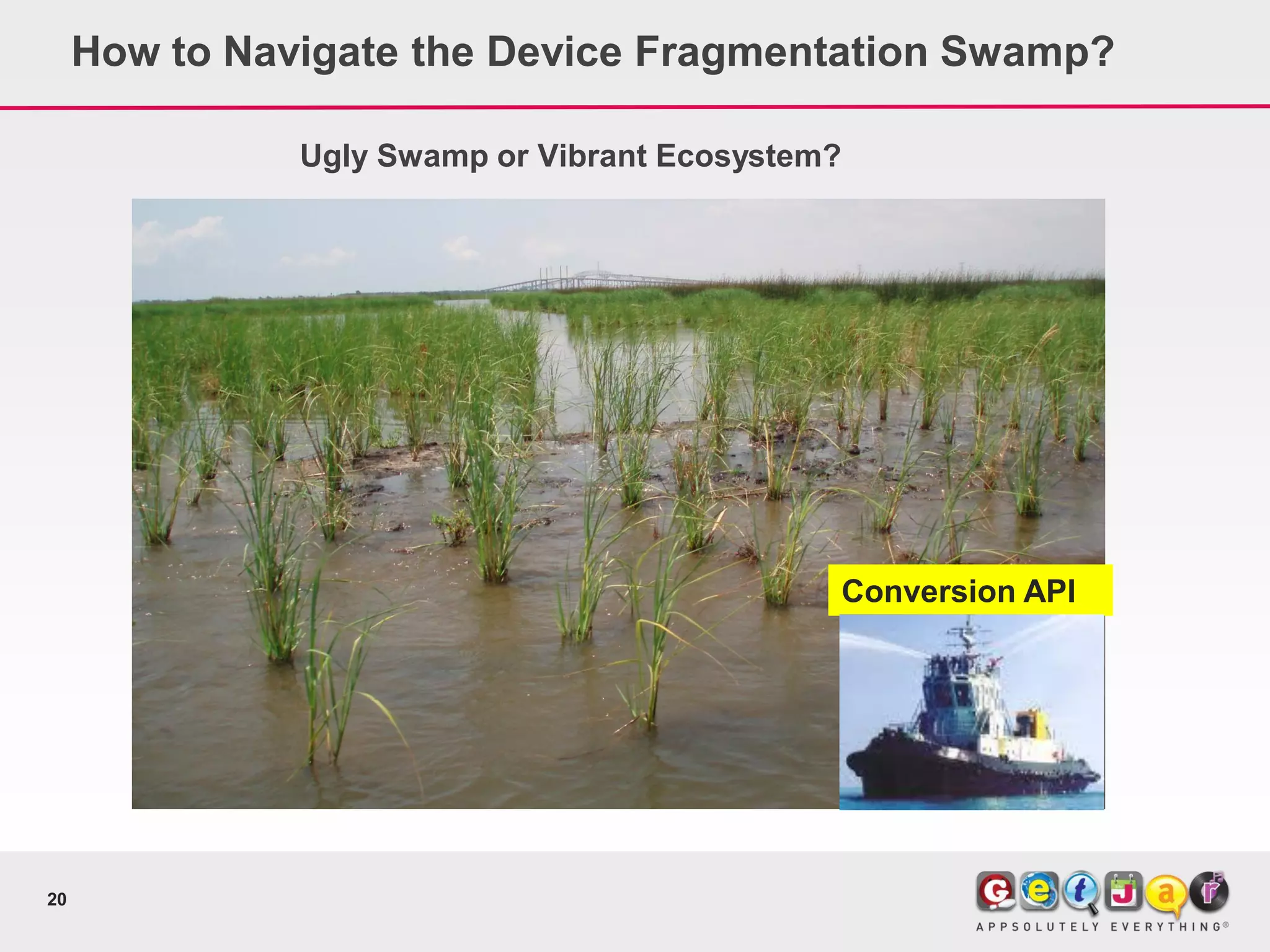 How to Navigate the Device Fragmentation Swamp?

               Ugly Swamp or Vibrant Ecosystem?




                                              Conversion API




20
 