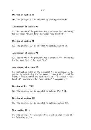 Bill4
Deletion of section 86
10.	 The principal Act is amended by deleting section 86.
Amendment of section 90
11.	 Section 90 of the principal Act is amended by substituting
for the words “twenty five” the words “one hundred”.
Deletion of section 91
12.	 The principal Act is amended by deleting section 91.
Amendment of section 92
13.	 Section 92 of the principal Act is amended by substituting
for the word “three” the word “ten”.
Amendment of section 93
14.	 Subsection 93(1) of the principal Act is amended in the
proviso by substituting for the words ‘ “twenty five” ’ and the
words ‘ “two hundred and fifty thousand” ’ the words ‘ “one
hundred” ’ and the words ‘ “one million” ’, respectively.
Deletion of Part VIII
15.	 The principal Act is amended by deleting Part VIII.
Deletion of section 100
16.	 The principal Act is amended by deleting section 100.
New section 101a
17.	 The principal Act is amended by inserting after section 101
the following section:
 
