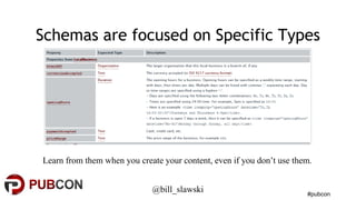 Schemas are focused on Specific Types 
Learn from them when you create your content, even if you don’t use them. 
#pubcon ...