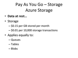 Pay As You Go – Storage Azure Storage Data at rest… Storage $0.15 per GB stored per month $0.01 per 10,000 storage transactions Applies equally to: Queues Tables Blobs 