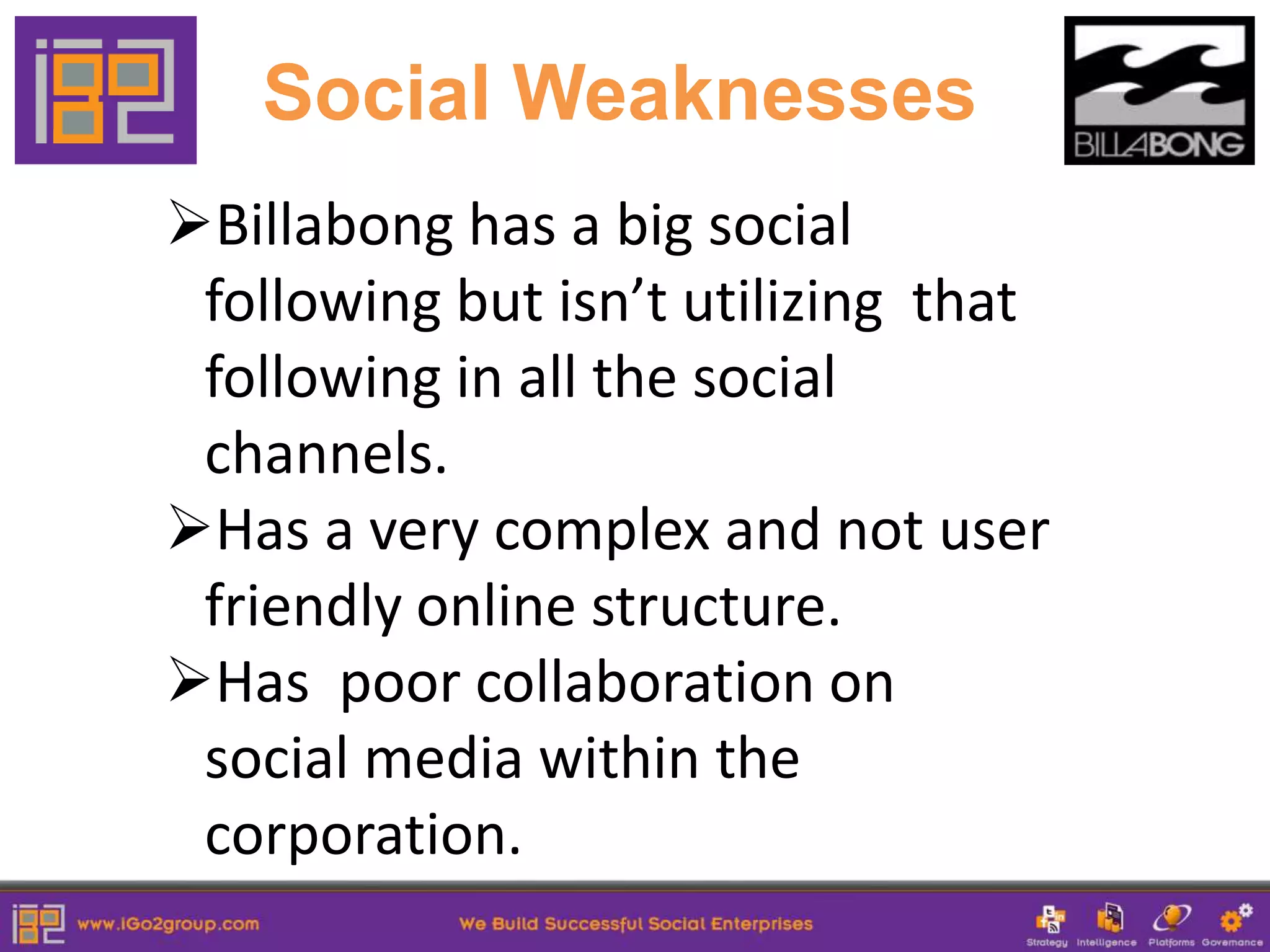 Social Weaknesses
Billabong has a big social
 following but isn’t utilizing that
 following in all the social
 channels.
Has a very complex and not user
 friendly online structure.
Has poor collaboration on
 social media within the
 corporation.
 