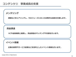 メンタリング
課題などをヒアリングし、そのフェーズに沿った自発的な成長を支援します。
資金調達
VCや金融機関と連携し、資金調達のマッチングや支援を行います。
イベント開催
企業の採用やサービス拡販などを目的としたイベント開催も行います。
10
コンテンツ③ 事業成長の支援
Copyright © MJE inc. All Rights Reserved.
 
