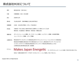 サービスやコミュニケーションを通じて世の中を元気にする。
当社は「企業の成長をサポートするサービスカンパニー」として成長してまいりました。
商号 株式会社MJE （MJE INC.）
代表 代表取締役・CEO｜大知 昌幸
設立 2006年12月
資本金 79,000,000円 （資本準備金12,000,000円含む）
従業員数 230名 （2018年4月現在 ※グループ会社含む）
所在地 大阪本社 〒541-0056 大阪市中央区久太郎町4-1-3 大阪センタービル6F
東京支社・名古屋支店・福岡支店・奈良支店・和歌山支店
事業内容 オフィスソリューション事業・ボードステーション事業・シェアスペース事業・WEB制作事業・
ヒューマンリソース事業・メディア事業
主要取引先 株式会社NTTドコモ/オリックス株式会社/京セラドキュメントソリューションズジャパン株式会社/
株式会社共同通信社/株式会社クボタ/株式会社クレディセゾン/株式会社グライダーアソシエイツ/
コニカミノルタジャパン株式会社/株式会社ミクシィ/ヤフー株式会社/株式会社ユニクロ/
LINE株式会社/楽天株式会社/他（50音順）
ビジョン
13
Copyright © MJE inc. All Rights Reserved.
株式会社MJEについて
 