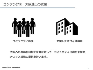 ８
大阪への進出を目指す企業に対して、コミュニティ形成の支援や
オフィス環境の提供を行います。
コミュニティ形成 充実したオフィス環境
８
9
コンテンツ② 大阪進出の支援
Copyright © MJE inc. All Rights Reserved.
 