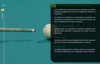 56           L O S E F E C T O S E N L A TA C A D A :
          Son las diferentes rotaciones que se imprimen a una bola
          mediante el golpe del taco con el objeto de orientar su
          trayectoria.
técnica




          Los efectos se clasifican en horizontales y verticales, de
          acuerdo con el hemisferio y con la zona de la bola en las
          que el casquillo del taco hace contacto:

          e f e c to s   h o r i zo n ta l e s

          Corresponden a los logrados al impactar cualquier zona
          del hemisferio derecho o izquierdo de la bola y son los
          siguientes:

          e f e c to   cero

          Se logra cuando el casquillo golpea la bola sobre cualquier
          punto de la línea central perpendicular a la pizarra.

          e f e c to   uno

          Se obtiene golpeando en cualquier punto a la izquierda o
          a la derecha del efecto cero, alejándolo medio casquillo.
 