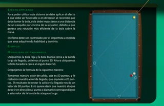 e f e c to   empleado

Para poder utilizar este sistema se debe aplicar el efecto
3 que debe ser favorable o en dirección al recorrido que
debe tomar la bola, ésta debe impactarse a una distancia
de un casquillo por encima de su ecuador, debido a que
genera una rotación más eficiente de la bola sobre la
mesa.
El efecto debe ser controlado por el deportista a medida
que vaya adquiriendo habilidad y dominio.
e j e m p lo :

m o da l i da d   de car ambol a

Ubiquemos la bola roja y la bola blanca cerca a la banda
larga de llegada, próximas al punto 20. Ahora ubiquemos
la bola tacadora cerca al ángulo base 50.
Despejamos la formula de la siguiente manera:
Tomamos nuestro valor de salida, que es 50 puntos, y le
restamos nuestro valor de llegada, que equivale a 20 pun-
tos. El resultado de restar la salida y la llegada nos da un
valor de 30 puntos. Esto quiere decir que nuestro ataque
debe ir en dirección al punto o diamante correspondiente
a este valor de la banda de ataque o larga.
 