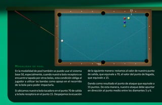 15




                                                                      55
m o da l i da d   de pool

En la modalidad de pool también se puede usar el sistema     de la siguiente manera: restamos al valor de nuestro punto
base 50, especialmente, cuando nuestra bola receptora se     de salida, que equivale a 70, el valor del punto de llegada,
encuentra tapada por otras bolas, esta condición obliga al   que equivale a 15.
jugador a utilizar las bandas como apoyo en el recorrido
de la bola para poder impactarla.                            Dando como resultado el punto de ataque que equivale a
                                                             55 puntos. De esta manera, nuestro ataque debe apuntar
Si ubicamos nuestra bola tacadora en el punto 70 de salida   en dirección al punto medio entre los diamantes 5 y 6.
y la bola receptora en el punto 15. Despejamos la ecuación
 