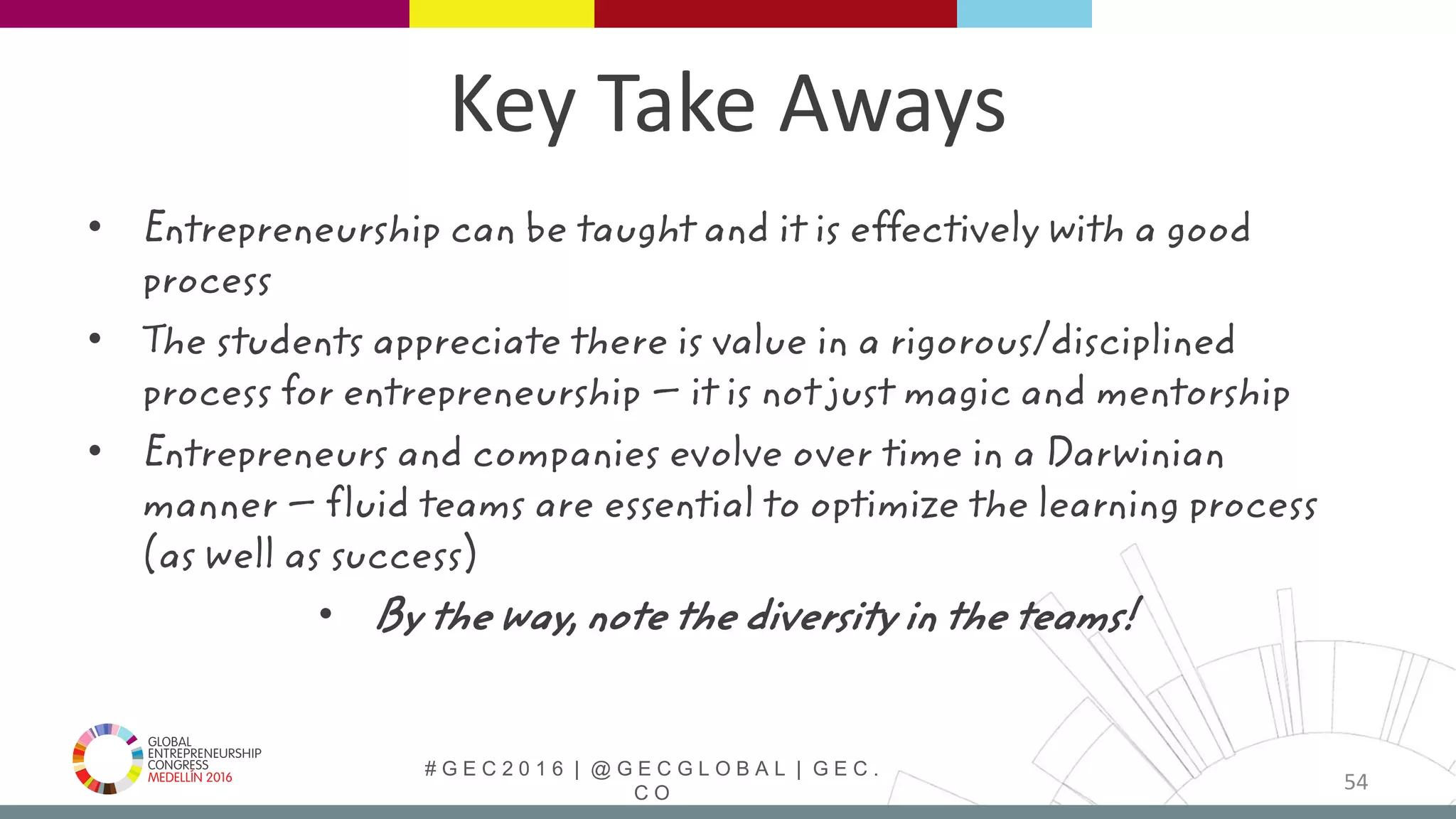 # G E C 2 0 1 6 | @ G E C G L O B A L | G E C .
C O
Key Take Aways
• Entrepreneurship can be taught and it is effectively with a good
process
• The students appreciate there is value in a rigorous/disciplined
process for entrepreneurship – it is not just magic and mentorship
• Entrepreneurs and companies evolve over time in a Darwinian
manner – fluid teams are essential to optimize the learning process
(as well as success)
• By the way, note the diversity in the teams!
54
 