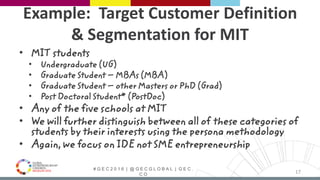 # G E C 2 0 1 6 | @ G E C G L O B A L | G E C .
C O
Example: Target Customer Definition
& Segmentation for MIT
• MIT students
• Undergraduate (UG)
• Graduate Student – MBAs (MBA)
• Graduate Student – other Masters or PhD (Grad)
• Post Doctoral Student* (PostDoc)
• Any of the five schools at MIT
• We will further distinguish between all of these categories of
students by their interests using the persona methodology
• Again, we focus on IDE not SME entrepreneurship
17
 