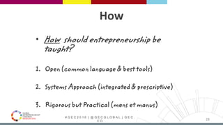 # G E C 2 0 1 6 | @ G E C G L O B A L | G E C .
C O
How
• How should entrepreneurship be
taught?
1. Open (common language & best tools)
2. Systems Approach (integrated & prescriptive)
3. Rigorous but Practical (mens et manus)
28
 