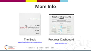 # G E C 2 0 1 6 | @ G E C G L O B A L | G E C .
C O
More Info
The Book
www.disciplinedentrepreneurship.com
Progress Dashboard
www.detoolbox.com
45
 