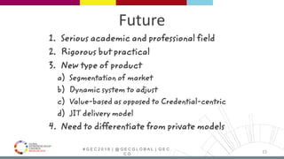# G E C 2 0 1 6 | @ G E C G L O B A L | G E C .
C O
Future
1. Serious academic and professional field
2. Rigorous but practical
3. New type of product
a) Segmentation of market
b) Dynamic system to adjust
c) Value-based as opposed to Credential-centric
d) JIT delivery model
4. Need to differentiate from private models
15
 