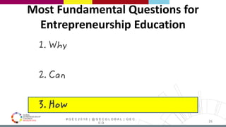 # G E C 2 0 1 6 | @ G E C G L O B A L | G E C .
C O
Most Fundamental Questions for
Entrepreneurship Education
1. Why
2. Can
3. How
26
 