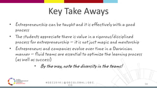 # G E C 2 0 1 6 | @ G E C G L O B A L | G E C .
C O
Key Take Aways
• Entrepreneurship can be taught and it is effectively with a good
process
• The students appreciate there is value in a rigorous/disciplined
process for entrepreneurship – it is not just magic and mentorship
• Entrepreneurs and companies evolve over time in a Darwinian
manner – fluid teams are essential to optimize the learning process
(as well as success)
• By the way, note the diversity in the teams!
54
 