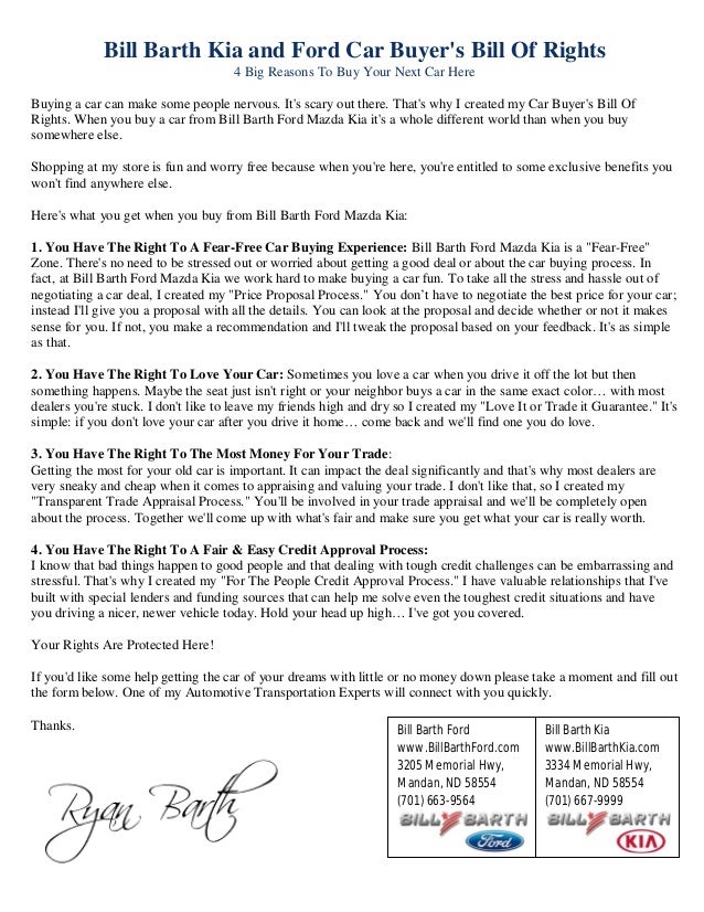 Bill Barth Kia Car Buyer's Bill Of Rights Mandan Bismarck North