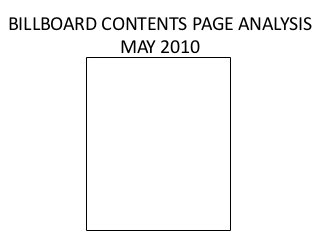 BILLBOARD CONTENTS PAGE ANALYSIS
            MAY 2010
 