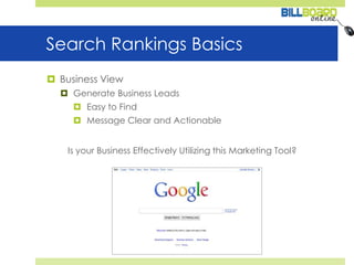 Search Rankings BasicsBusiness ViewGenerate Business LeadsEasy to FindMessage Clear and ActionableIs your Business Effectively Utilizing this Marketing Tool?