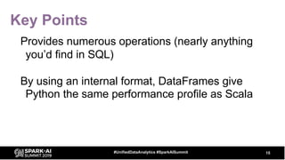Key Points
Provides numerous operations (nearly anything
you’d find in SQL)
By using an internal format, DataFrames give
Python the same performance profile as Scala
15#UnifiedDataAnalytics #SparkAISummit
 