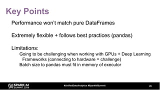 Key Points
Performance won’t match pure DataFrames
Extremely flexible + follows best practices (pandas)
Limitations:
Going to be challenging when working with GPUs + Deep Learning
Frameworks (connecting to hardware = challenge)
Batch size to pandas must fit in memory of executor
26#UnifiedDataAnalytics #SparkAISummit
 