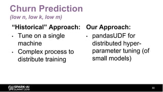 Churn Prediction
(low n, low k, low m)
“Historical” Approach:
• Tune on a single
machine
• Complex process to
distribute training
33
Our Approach:
• pandasUDF for
distributed hyper-
parameter tuning (of
small models)
 