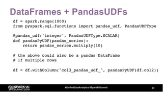 DataFrames + PandasUDFs
df = spark.range(1000)
from pyspark.sql.functions import pandas_udf, PandasUDFType
@pandas_udf('in...