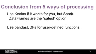 Conclusion from 5 ways of processing
Use Koalas if it works for you, but Spark
DataFrames are the “safest” option
Use pand...