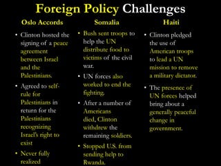 Oslo Accords
• Clinton hosted the
signing of a peace
agreement
between Israel
and the
Palestinians.
• Agreed to self-
rule for
Palestinians in
return for the
Palestinians
recognizing
Israel’s right to
exist
• Never fully
realized
Somalia
• Bush sent troops to
help the UN
distribute food to
victims of the civil
war.
• UN forces also
worked to end the
fighting.
• After a number of
Americans
died, Clinton
withdrew the
remaining soldiers.
• Stopped U.S. from
sending help to
Rwanda.
Foreign Policy Challenges
Haiti
• Clinton pledged
the use of
American troops
to lead a UN
mission to remove
a military dictator.
• The presence of
UN forces helped
bring about a
generally peaceful
change in
government.
 
