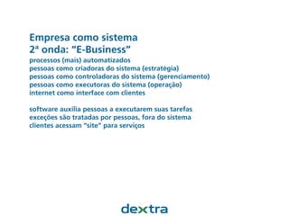 Empresa como sistema
2ª onda: “E-Business”
processos (mais) automatizados
pessoas como criadoras do sistema (estratégia)
pessoas como controladoras do sistema (gerenciamento)
pessoas como executoras do sistema (operação)
internet como interface com clientes
software auxilia pessoas a executarem suas tarefas
exceções são tratadas por pessoas, fora do sistema
clientes acessam “site” para serviços
 