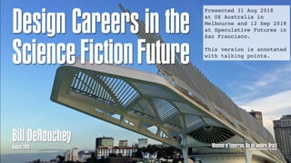Design Careers in the
ScienceFictionFuture
Bill DeRouchey
August 2018 Museum of Tomorrow, Rio de Janeiro, BrazilImage: Mario Roberto Duran Ortiz, via Wikipedia
Presented 31 Aug 2018  
at UX Australia in
Melbourne and 12 Sep 2018
at Speculative Futures in
San Francisco.
This version is annotated
with talking points.
 