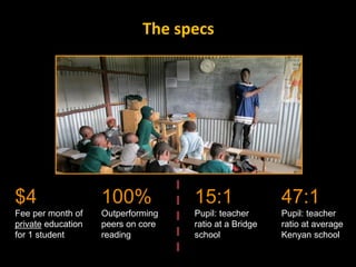 The specs
$4
Fee per month of
private education
for 1 student
15:1
Pupil: teacher
ratio at a Bridge
school
47:1
Pupil: teacher
ratio at average
Kenyan school
100%
Outperforming
peers on core
reading
 
