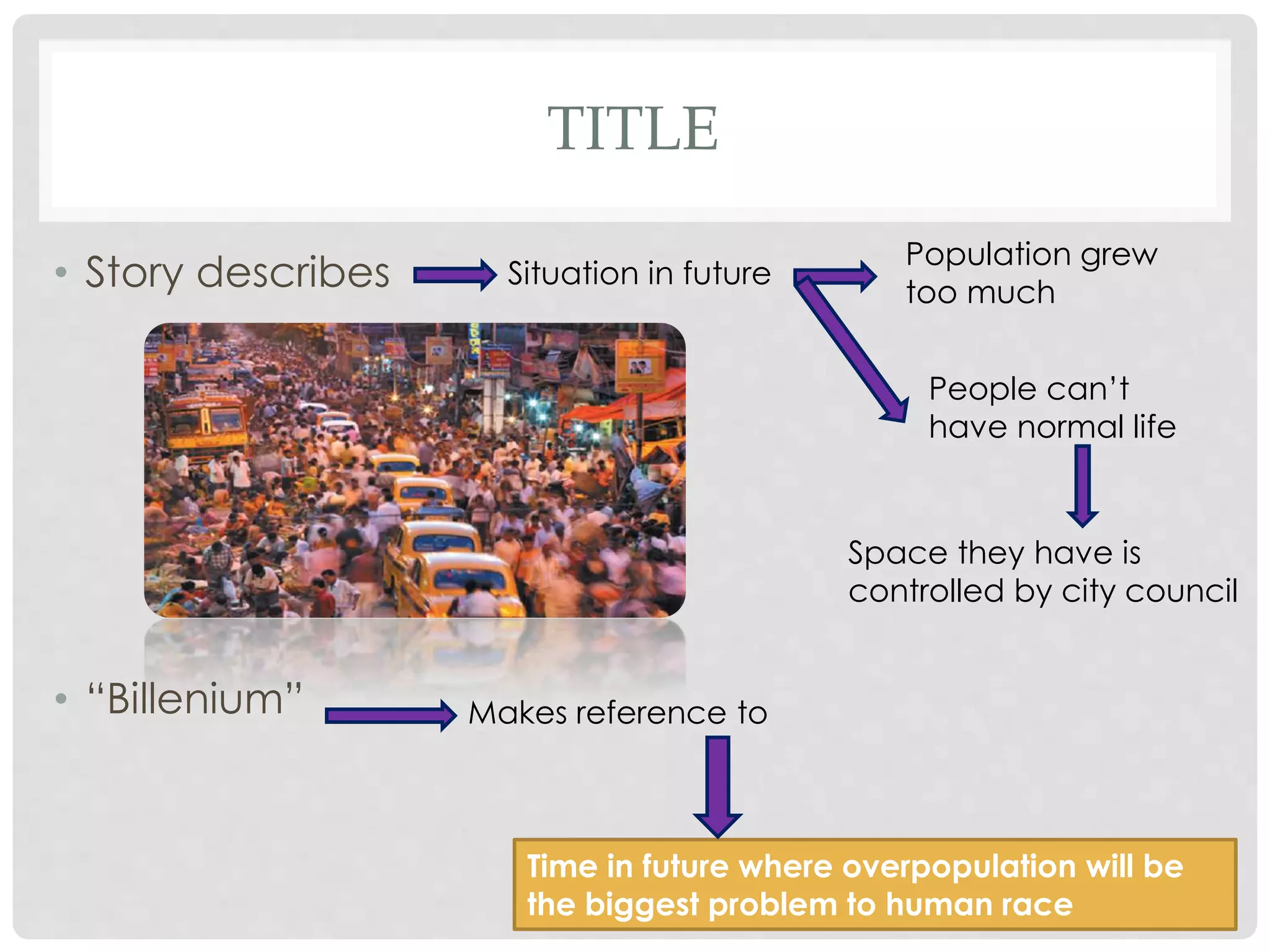TITLE
• Story describes
• “Billenium”
Situation in future
Population grew
too much
People can’t
have normal life
Space they have is
controlled by city council
Makes reference to
Time in future where overpopulation will be
the biggest problem to human race
 