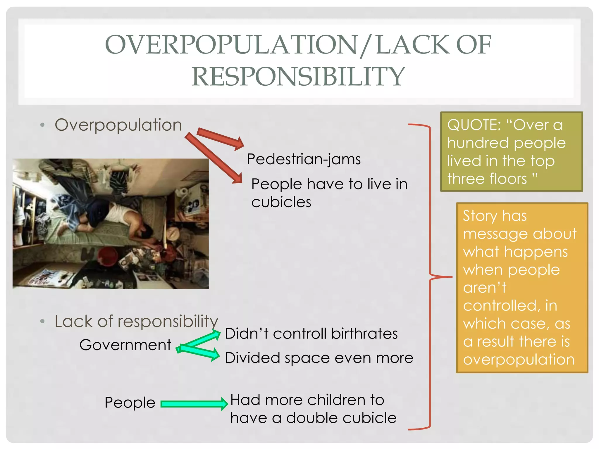 OVERPOPULATION/LACK OF
RESPONSIBILITY
• Overpopulation
• Lack of responsibility
Pedestrian-jams
People have to live in
cubicles
Government
People
QUOTE: “Over a
hundred people
lived in the top
three floors ”
Didn’t controll birthrates
Divided space even more
Had more children to
have a double cubicle
Story has
message about
what happens
when people
aren’t
controlled, in
which case, as
a result there is
overpopulation
 