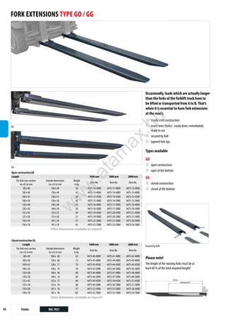 42
Open construction GO
Length 1600 mm 1800 mm 2000 mm
For fork cross section
(w x h) in mm
Outside dimensions
(w x h) in mm
Weight
in kg
Item No. Item No. Item No.
80 x 40 106 x 48 38 4475-10-4000 4475-11-4000 4475-12-4000
100 x 40 128 x 48 42 4475-13-4000 4475-14-4000 4475-15-4000
100 x 45 128 x 53 44 4475-13-4500 4475-14-4500 4475-15-4500
100 x 50 128 x 58 46 4475-13-5000 4475-14-5000 4475-15-5000
120 x 40 148 x 48 45 4475-16-4000 4475-17-4000 4475-18-4000
120 x 50 148 x 58 50 4475-16-5000 4475-17-5000 4475-18-5000
125 x 45 153 x 53 49 4475-19-4500 4475-20-4500 4475-21-4500
125 x 50 153 x 58 51 4475-19-5000 4475-20-5000 4475-21-5000
150 x 50 181 x 58 57 4475-22-5000 4475-23-5000 4475-24-5000
150 x 70 181 x 78 65 4475-22-7000 4475-23-7000 4475-24-7000
Other dimensions available on request!
Closed construction GG
Length 1600 mm 1800 mm 2000 mm
For fork cross section
(w x h) in mm
Outside dimensions
(w x h) in mm
Weight
in kg
Item No. Item No. Item No.
80 x 40 106 x 66 63 4475-40-4000 4475-41-4000 4475-42-4000
100 x 40 128 x 66 72 4475-43-4000 4475-44-4000 4475-45-4000
100 x 45 128 x 71 74 4475-43-4500 4475-44-4500 4475-45-4500
100 x 50 128 x 76 76 4475-43-5000 4475-44-5000 4475-45-5000
120 x 40 148 x 66 80 4475-46-4000 4475-47-4000 4475-48-4000
120 x 50 148 x 76 84 4475-46-5000 4475-47-5000 4475-48-5000
125 x 45 153 x 71 84 4475-49-4500 4475-50-4500 4475-51-4500
125 x 50 153 x 76 86 4475-49-5000 4475-50-5000 4475-51-5000
150 x 50 181 x 76 97 4475-52-5000 4475-53-5000 4475-54-5000
150 x 70 181 x 96 105 4475-52-7000 4475-53-7000 4475-54-7000
Other dimensions available on request!
Occasionally, loads which are actually longer
than the forks of the forklift truck have to
be lifted or transported from A to B.That’s
when it is essential to have fork extensions
at the ready.
„ sturdy steel construction
„ insert tines (forks) - easily done, immediately
ready to use
„ secured by bolt
„ tapered fork tips
Types available
GO
„ open construction
„ open at the bottom
GG
„ closed construction
„ closed at the bottom
Please note!
The length of the existing forks must be at
least 60 % of the total required length!
FORK EXTENSIONS TYPE GO / GG
GO
GG
Secured by bolt
Finish: RAL 7021
w
w
w
.
a
t
a
m
a
x
.
h
u
 