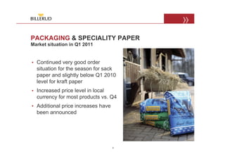 PACKAGING & SPECIALITY PAPER
Market situation in Q1 2011


• Continued very good order
  situation for the season for sack
  paper and slightly below Q1 2010
                                        Consumer
  level for kraft paper                            Building &
                                                   construction
• Increased price level in local
  currency for most products vs. Q4
                                        Food
• Additional price increases have
  been announced




                                    6
 